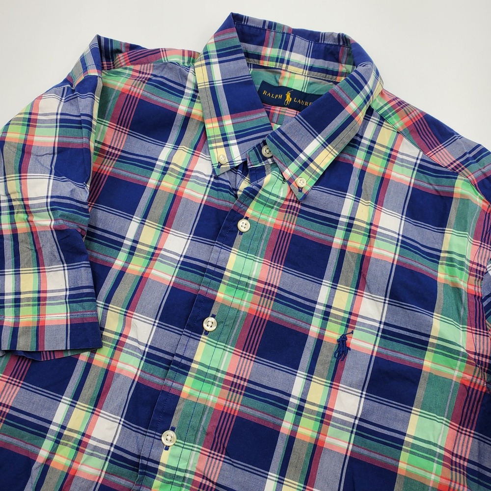 Ralph‎ Lauren Mens Large Short Sleeve Plaid Button Down Shirt Blue Green